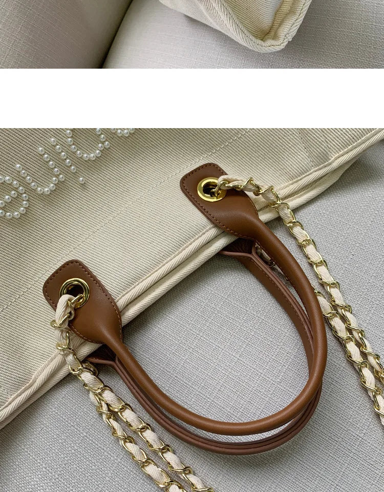 New Women Tote Bag Fashion Canvas Large Handbag Chains Genuine Leather Shoulder Bags Ladies Big Messenger Bag Shopping Bag