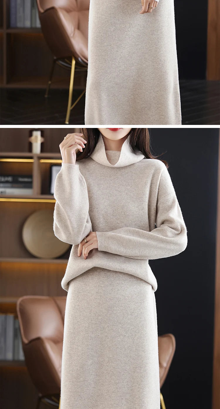 Wool Cashmere Knit Sweater and Skirt Two Piece Set for Women
