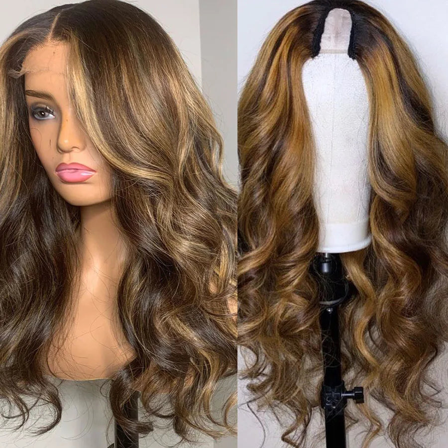 Natural Ombre Highlight V Part Human Hair Wig for Women