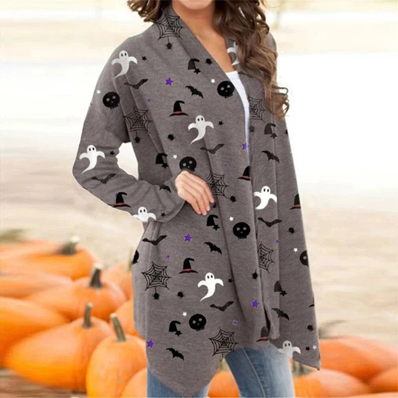 Skull Pumpkin Print Open Front Long Cardigan for Women