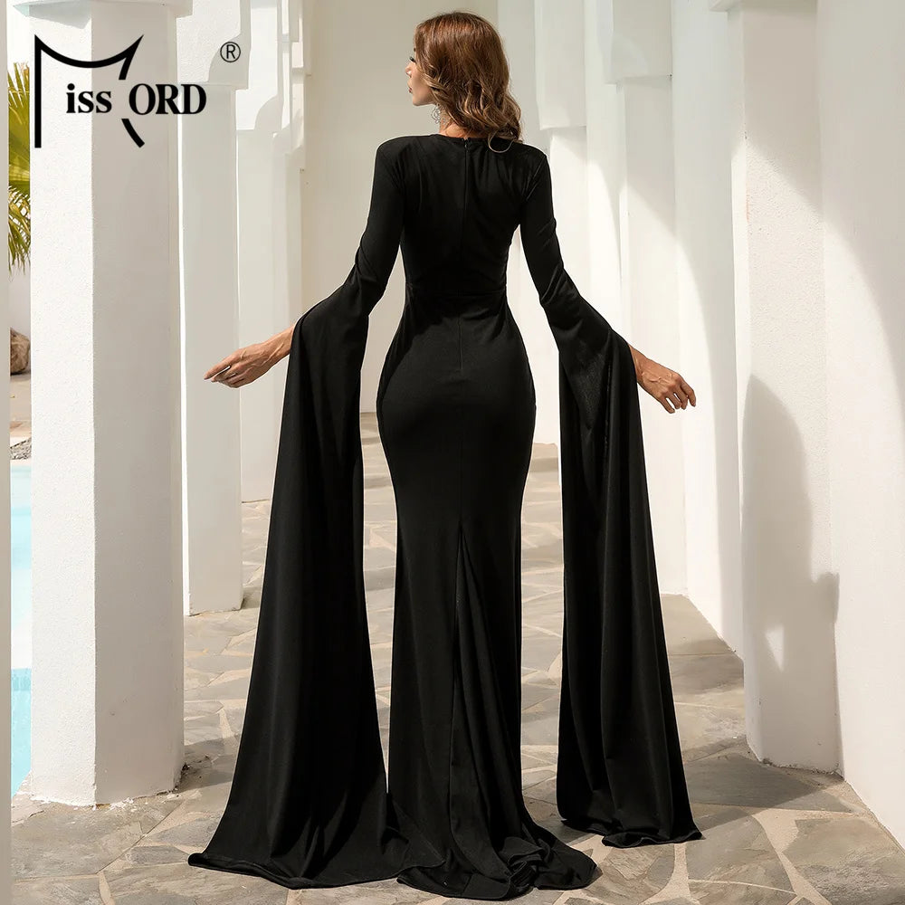 Missord Black Wedding Party Dresses Elegant Women Split Long Sleeve Hollow Out Bodycon Floor Length Evening Dress Lady Maxi Gown