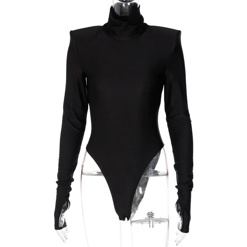 Bodysuit + Shoulder Padded Turtleneck + Winter Glam Club Wear Silhouette With Figure Flattering Fit