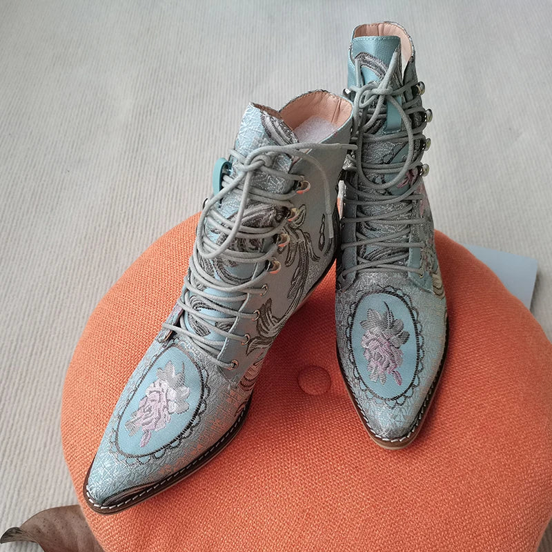 Blue Embroidered Flower Chinese Style Ankle Boots For Women