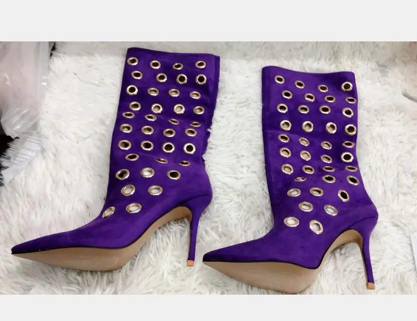 Suede Knee High with Metal Hollow Detailing Boots for Women