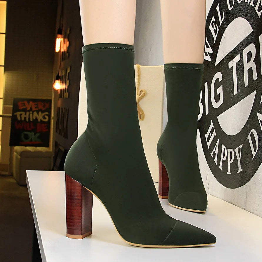 Pointed Toe Elastic High Heel Ankle Boots for Women