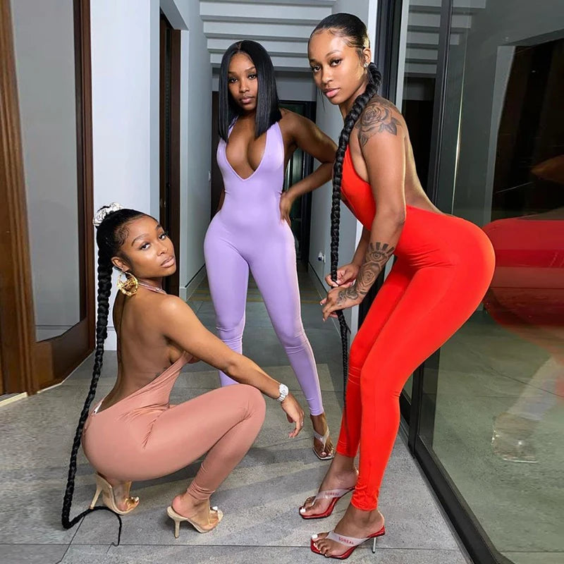 Halter V Neck Sleeveless Bodycon Jumpsuit for Women