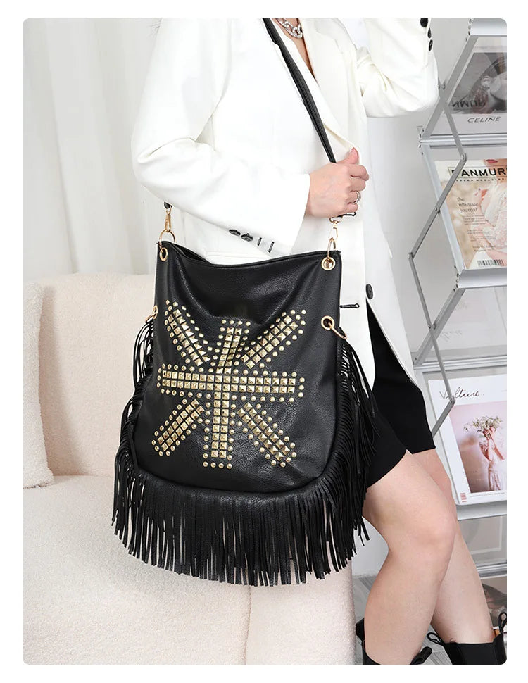 Rivet Tassel Large Capacity Crossbody Shoulder Bag for Women