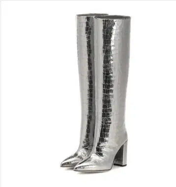 Pointed Toe Slip On Leather Knee High Boots for Women
