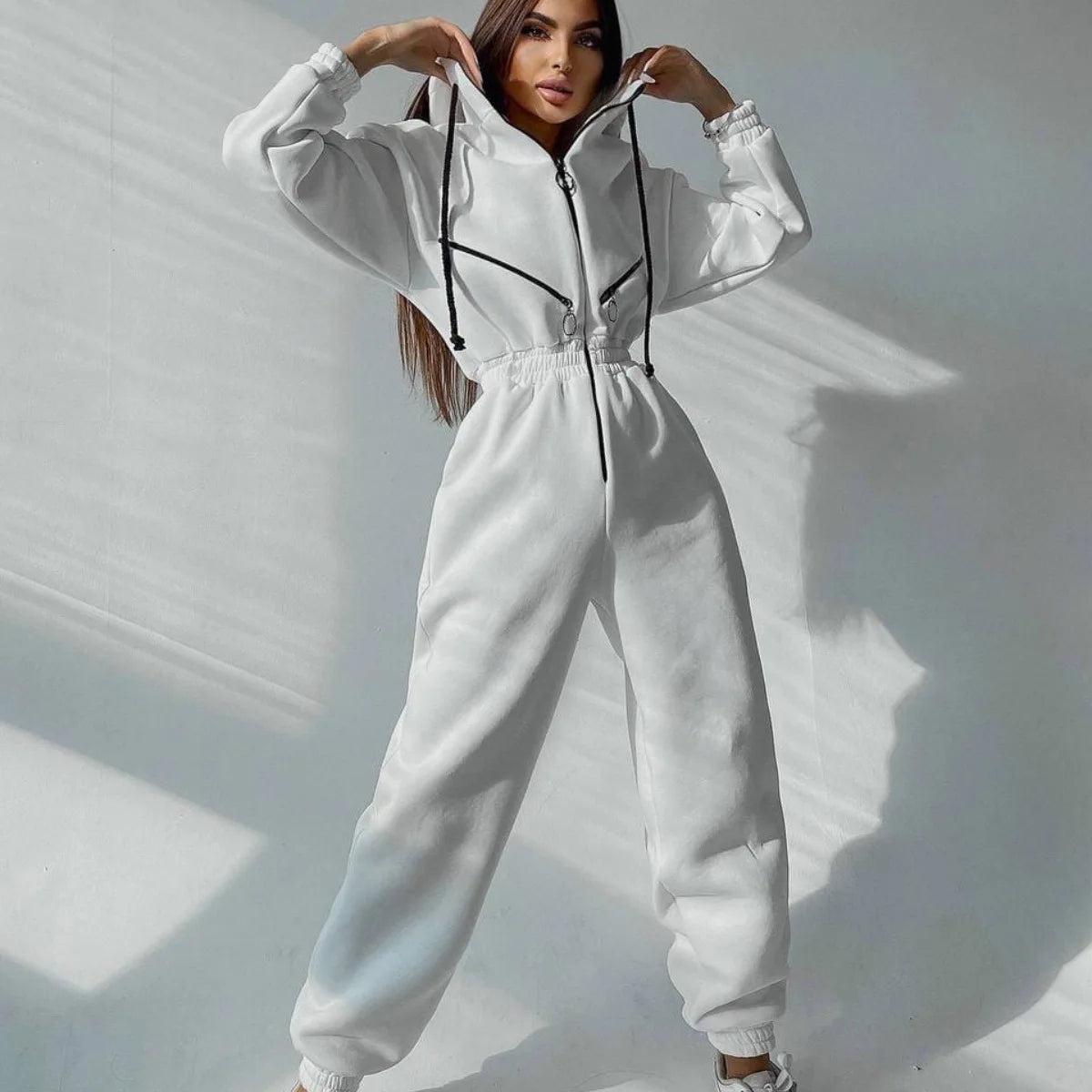 Casual Long Sleeve Hooded Jumpsuit With Pockets for Women