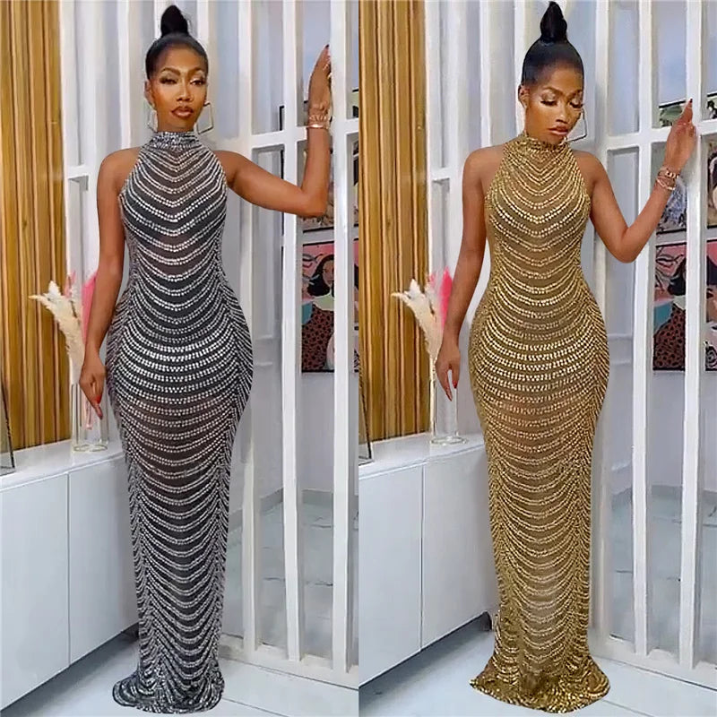 Backless Crystal Rhinestone See Through Bodycon Maxi Dress for Women