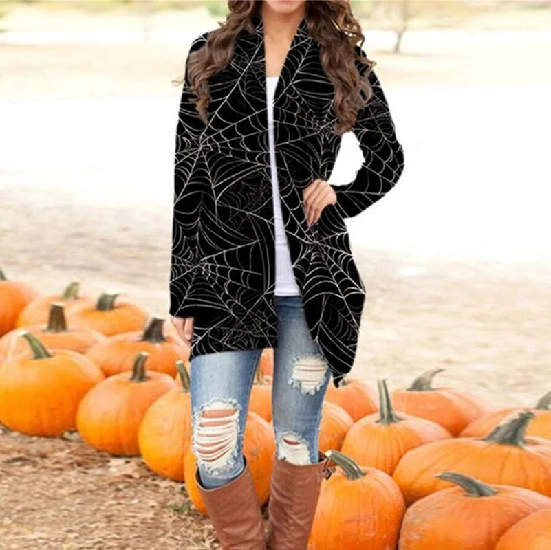 Skull Pumpkin Print Open Front Long Cardigan for Women