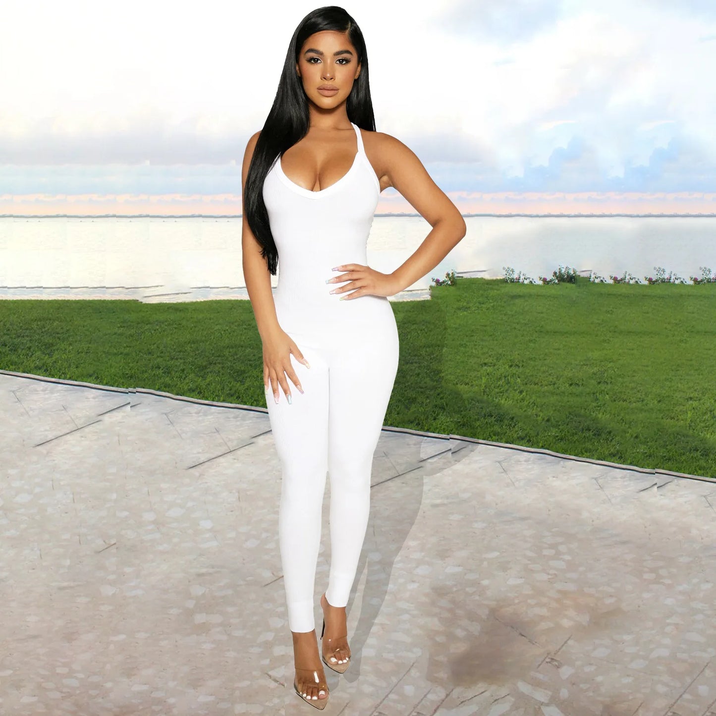 Sleeveless V Neck Criss Cross Back Jumpsuit For Women