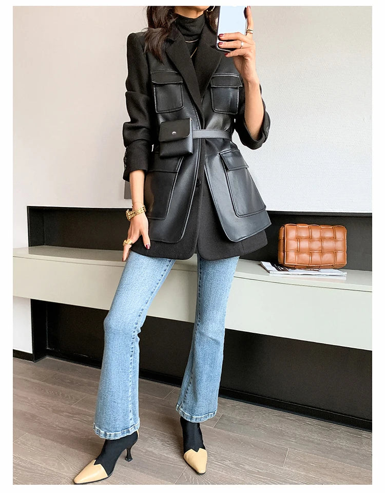 Black Patchwork Faux Leather Jacket With Pockets For Women