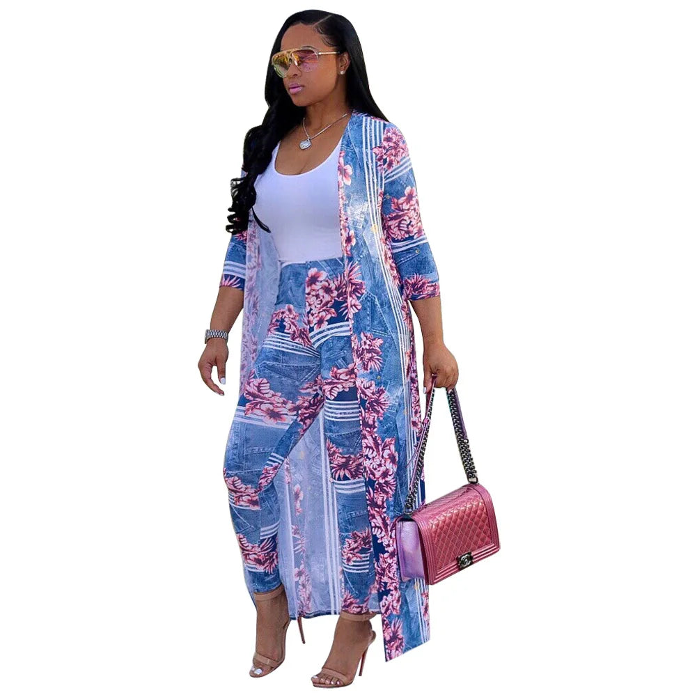 Long Cardigan and Bodycon Pants Two Piece Set for Women