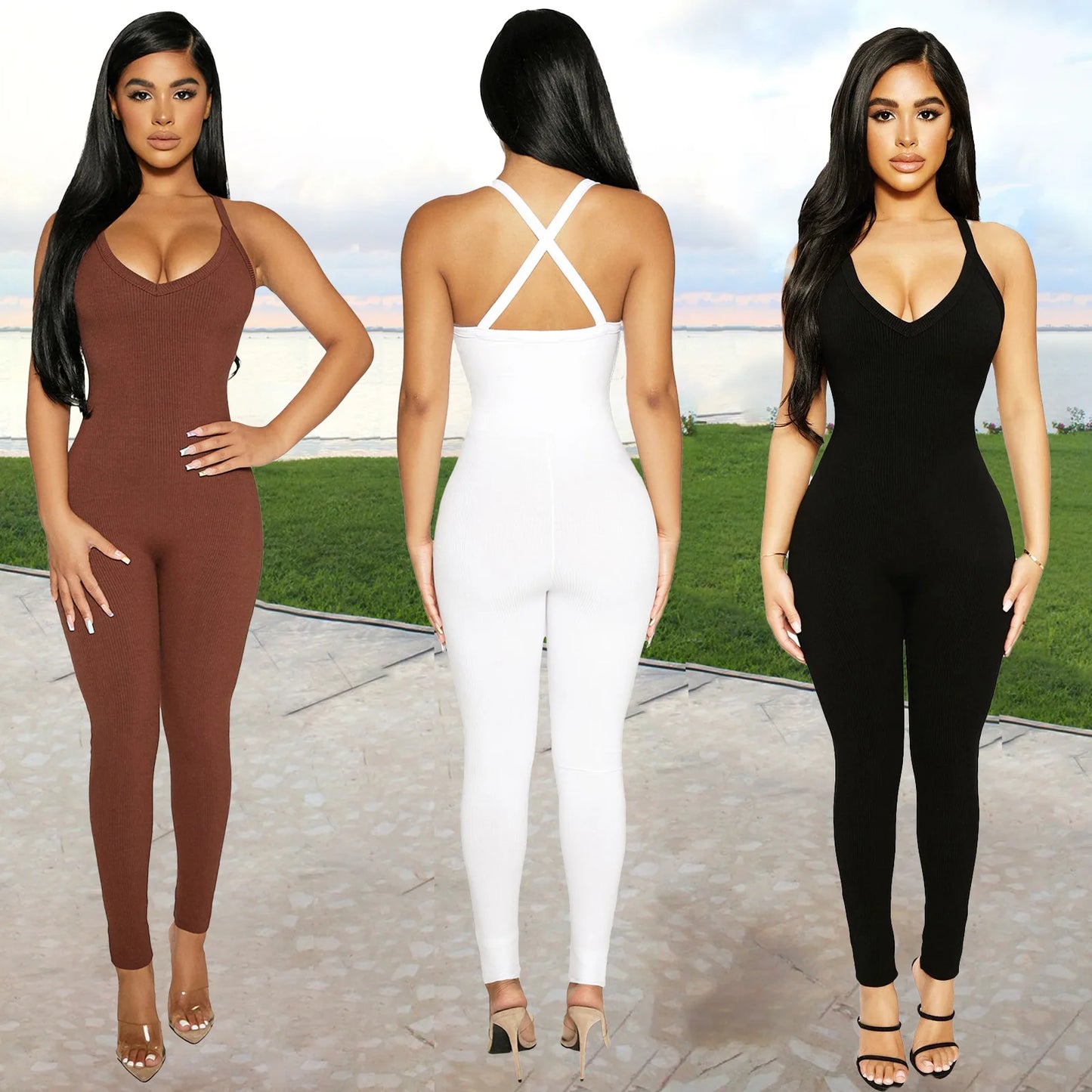 Sleeveless V Neck Criss Cross Back Jumpsuit For Women