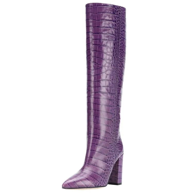 Pointed Toe Slip On Leather Knee High Boots for Women