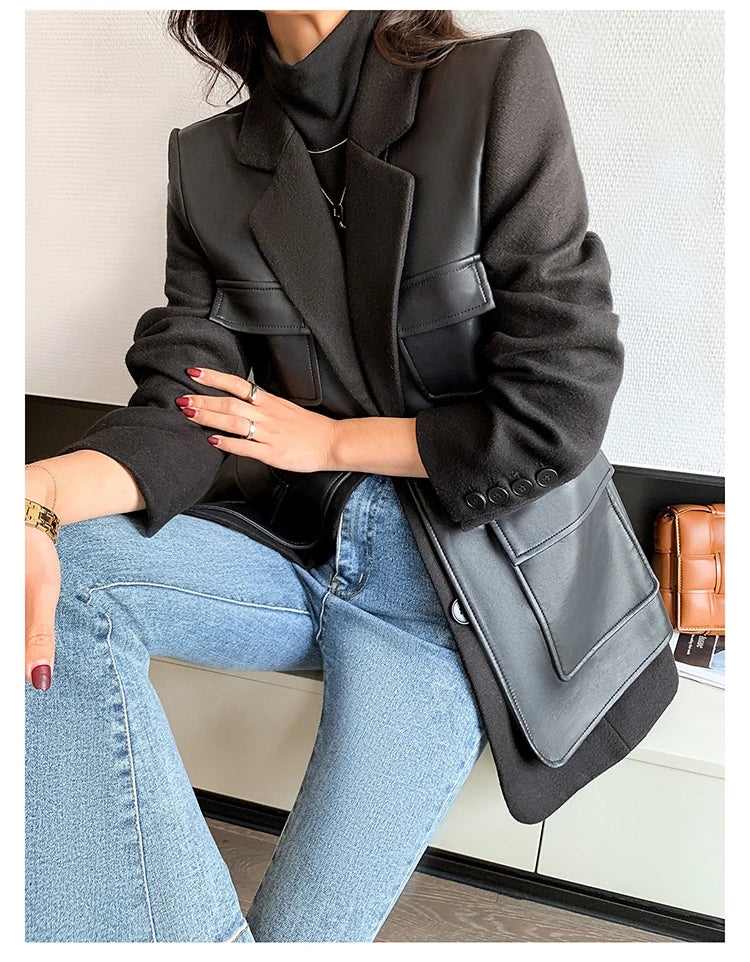 Black Patchwork Faux Leather Jacket With Pockets For Women