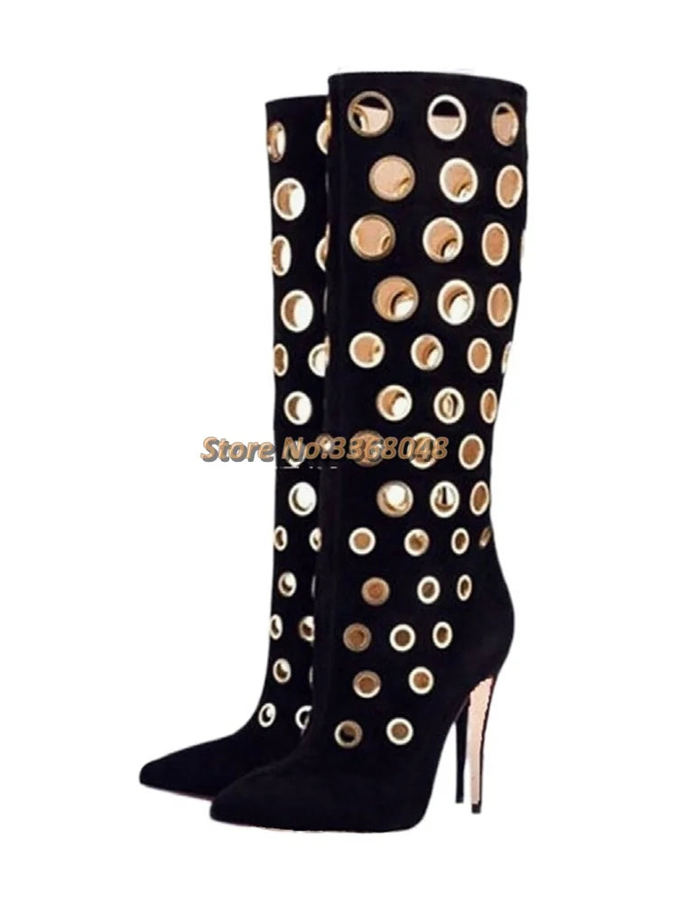 Suede Knee High with Metal Hollow Detailing Boots for Women