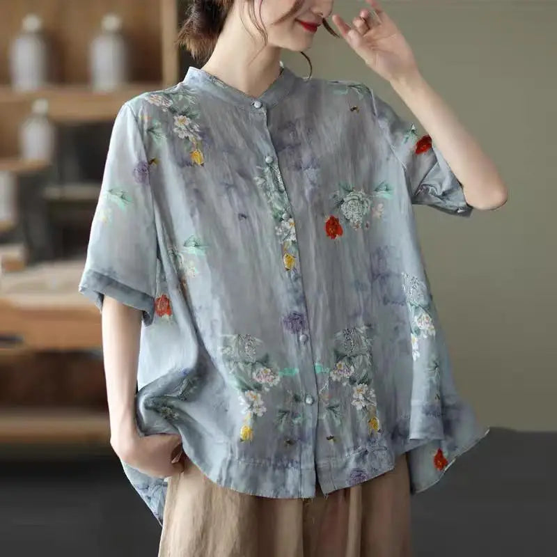 Relaxed Fit Floral Print Cotton Linen Short Sleeve Shirt for Women