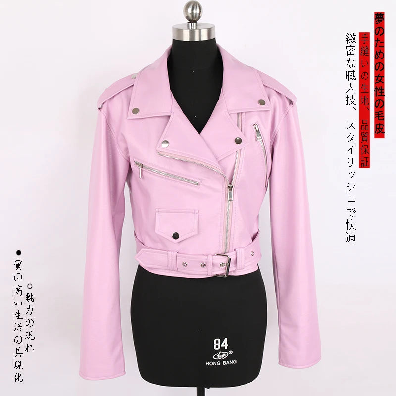 Faux Leather Short Biker Jacket with Zipper and Epaulets for Women