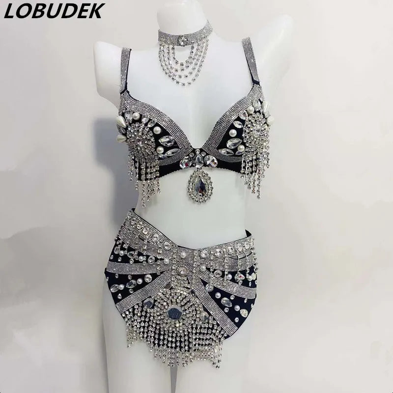 Gold Rhinestone Belly Dance Bikini Costume for Women