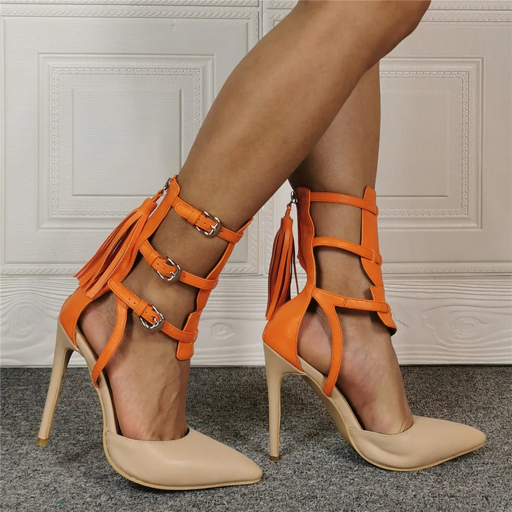 Orange Tassel Pointed Toe High Heel Casual Sandals for Women