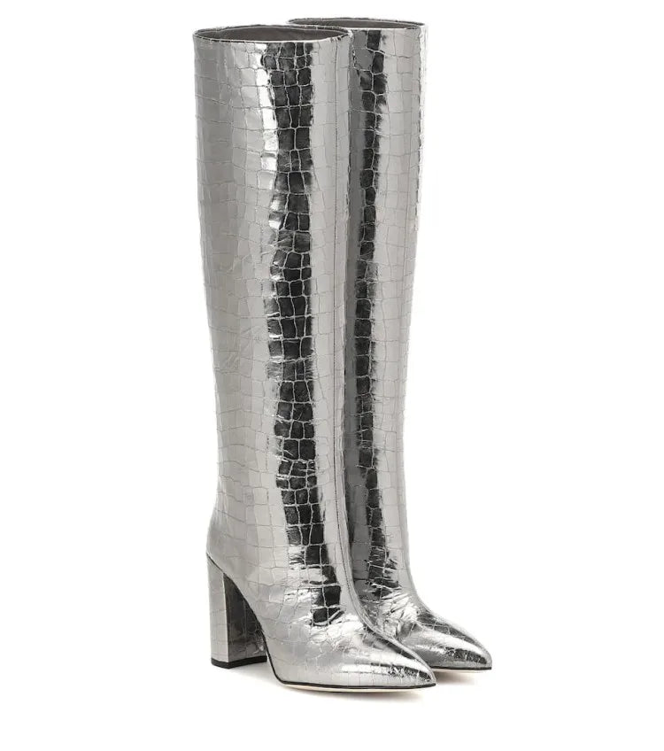 Pointed Toe Slip On Leather Knee High Boots for Women