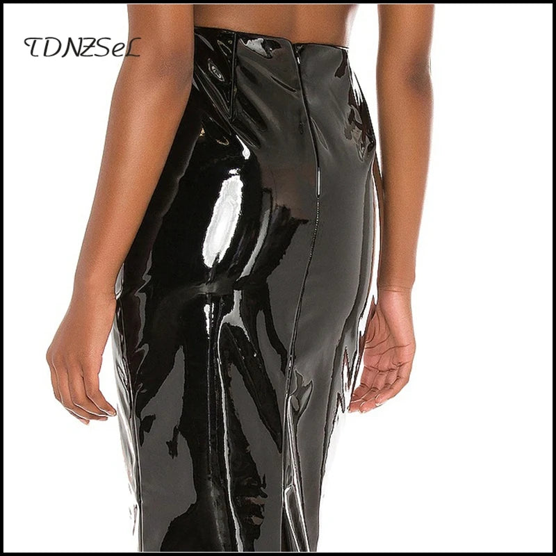 High Waisted Split Faux Leather Midi Pencil Skirt For Women