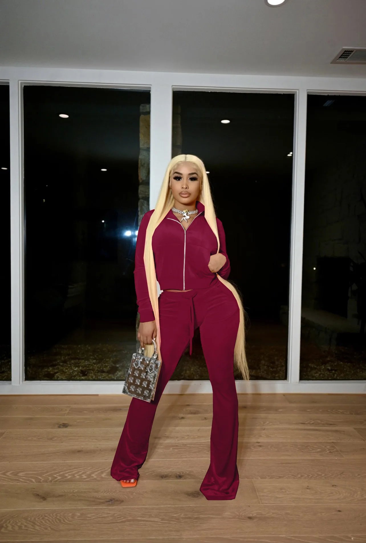 Zippered Turtleneck Velour Two Piece Wide Leg Set for Women