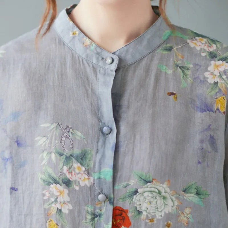 Relaxed Fit Floral Print Cotton Linen Short Sleeve Shirt for Women