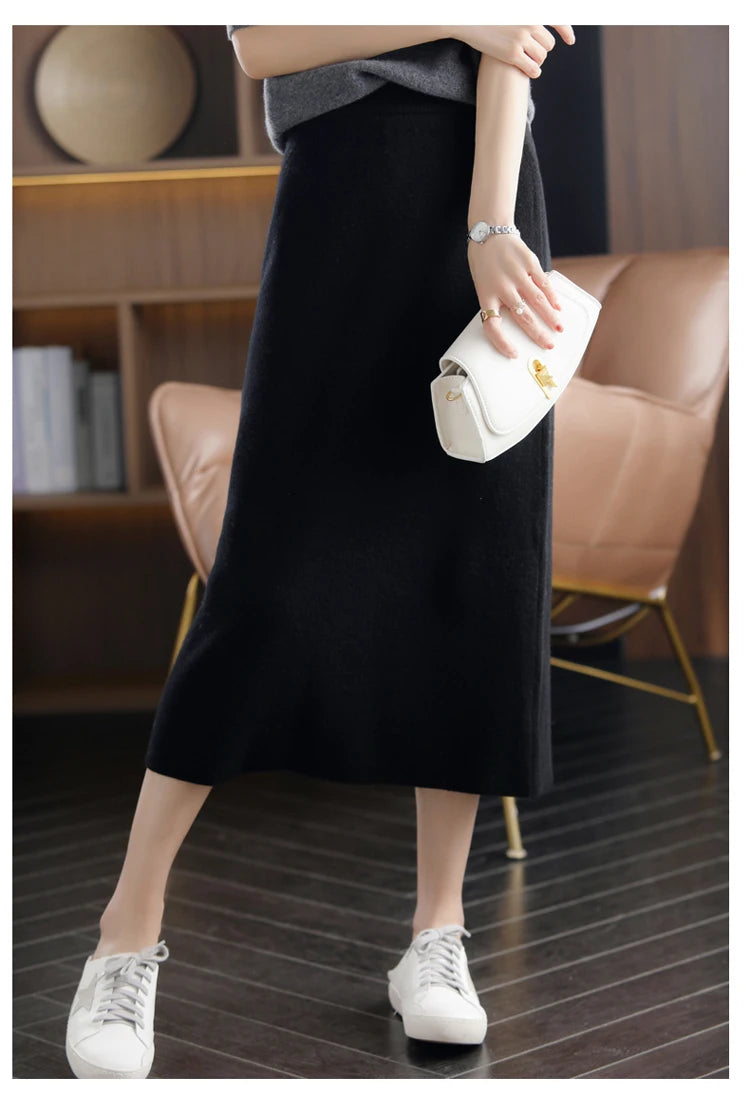 Pure Wool High Waist Knit A-Line Midi Skirt for Women