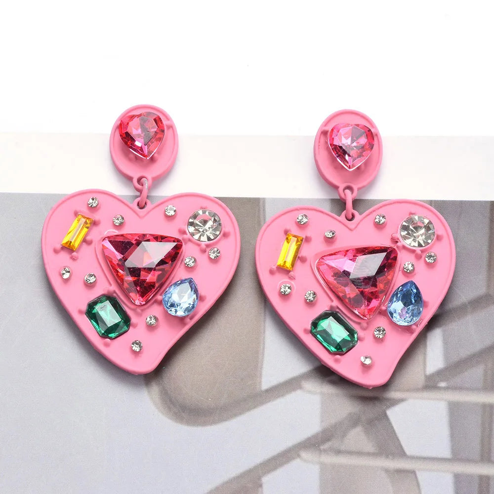 Pink Enamel Heart Shaped Crystal Drop Earrings for Women