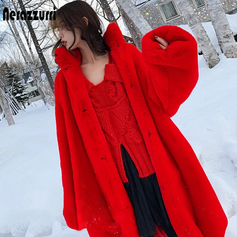 Soft Warm Fluffy Oversized Red Raglan Long Faux Fur Coat for Women