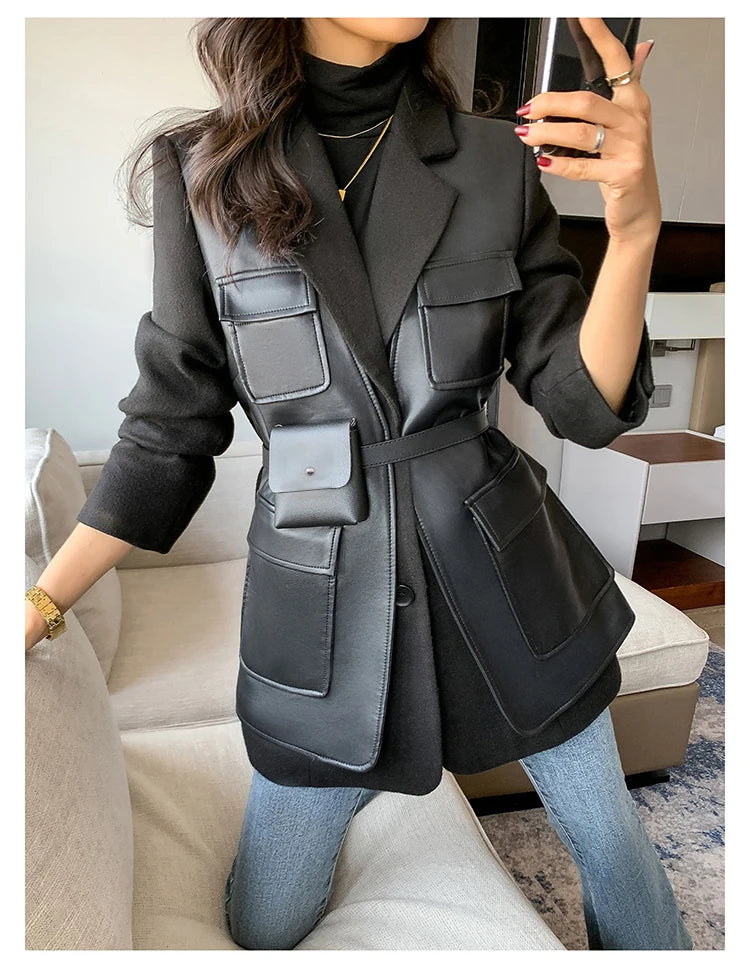 Black Patchwork Faux Leather Jacket With Pockets For Women