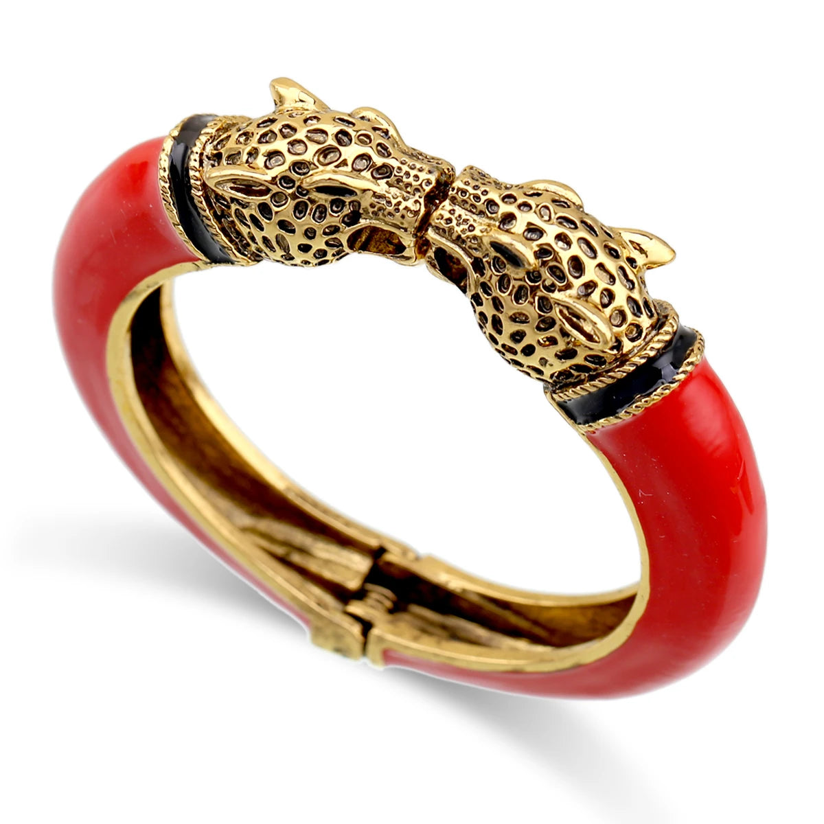 Double Leopard Head Enamel Cuff Bracelet for Women