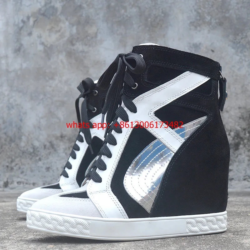 White And Black Inner Wedge Lace Up High Top Sneakers For Women