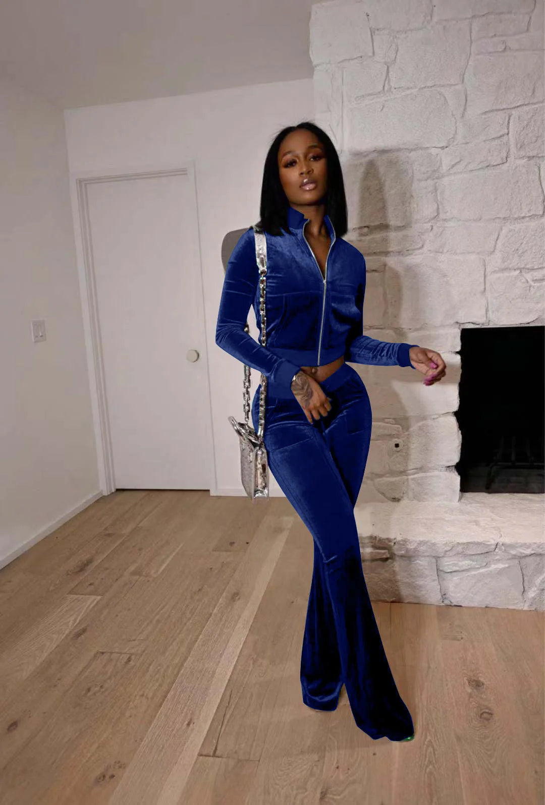 Zippered Turtleneck Velour Two Piece Wide Leg Set for Women