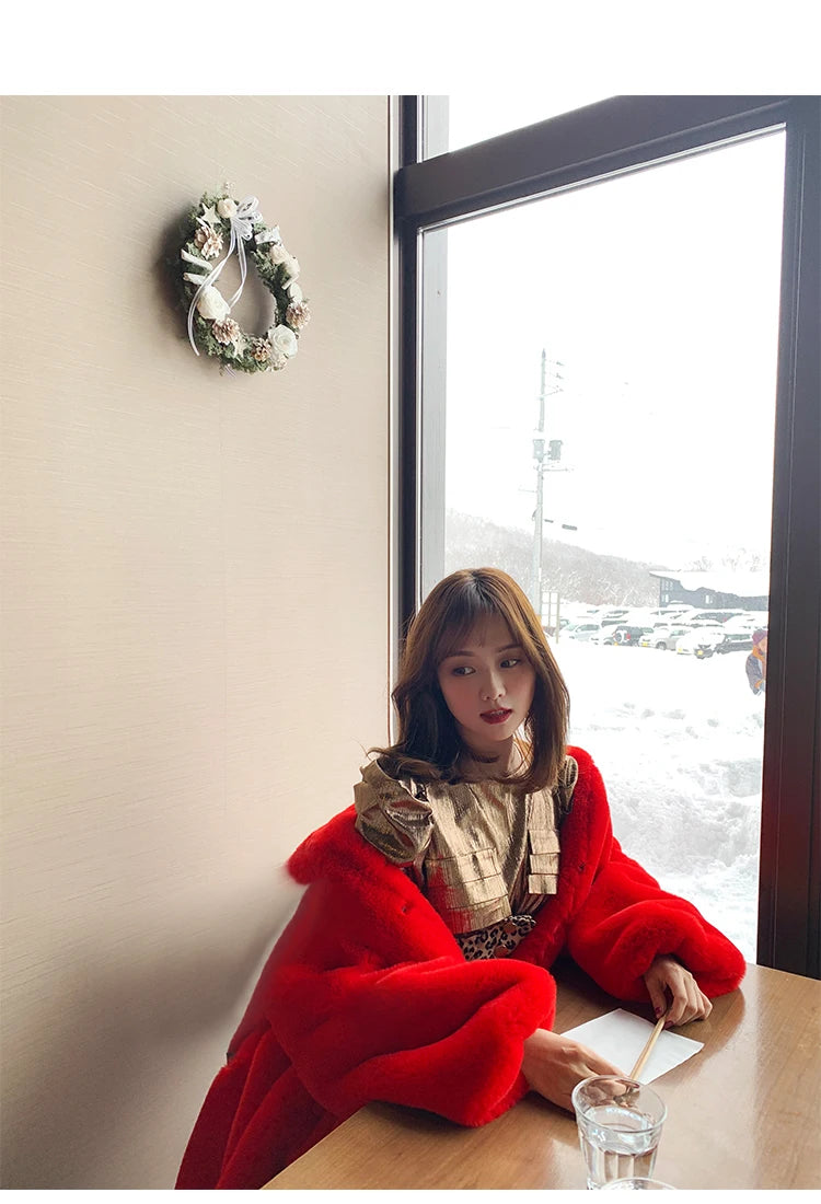 Soft Warm Fluffy Oversized Red Raglan Long Faux Fur Coat for Women