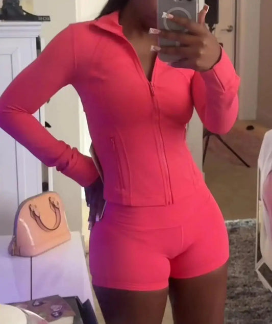 2025 Summer Two Piece Shorts Sets Zipper Tracksuit Yoga Fitness Outfits for Women Sport