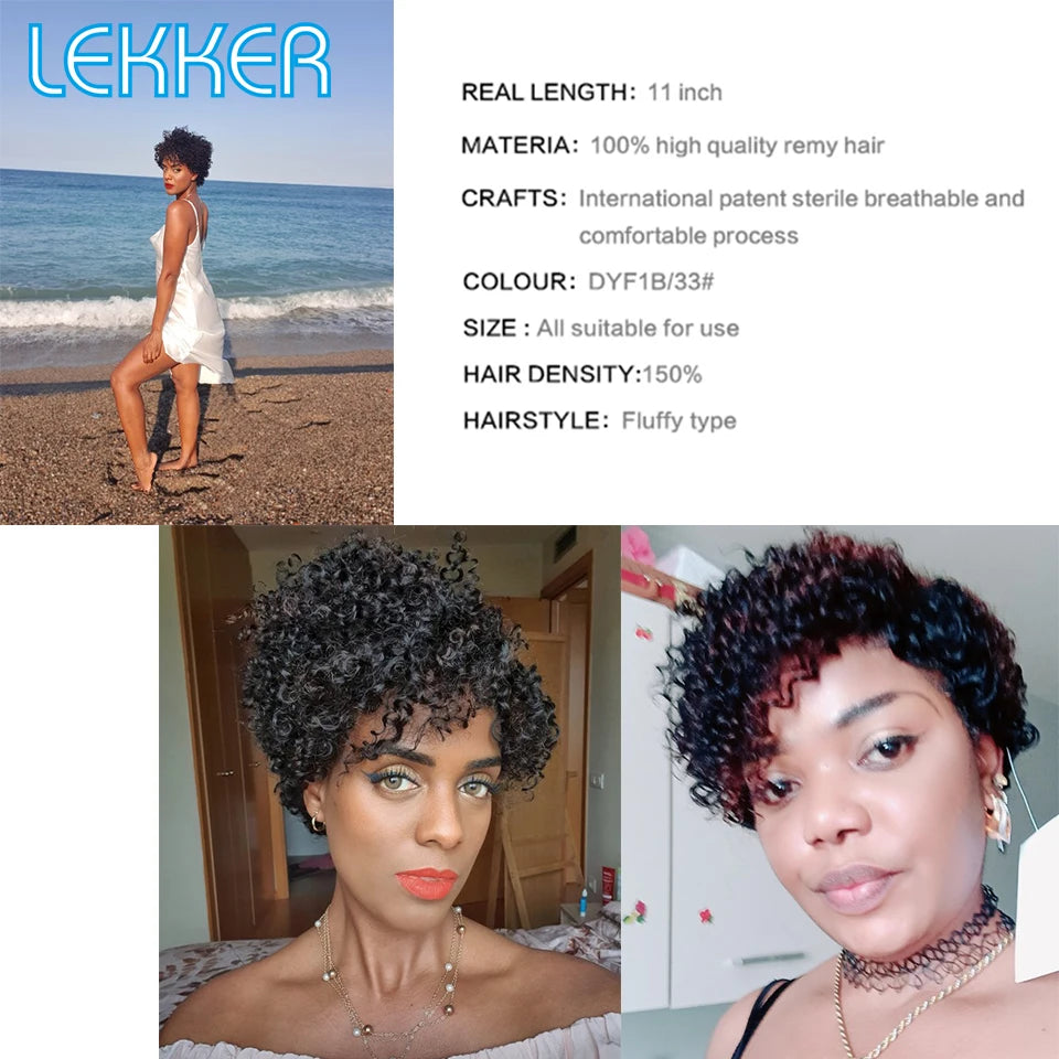 Short Kinky Curly Pixie Bob Human Hair Wig for Women