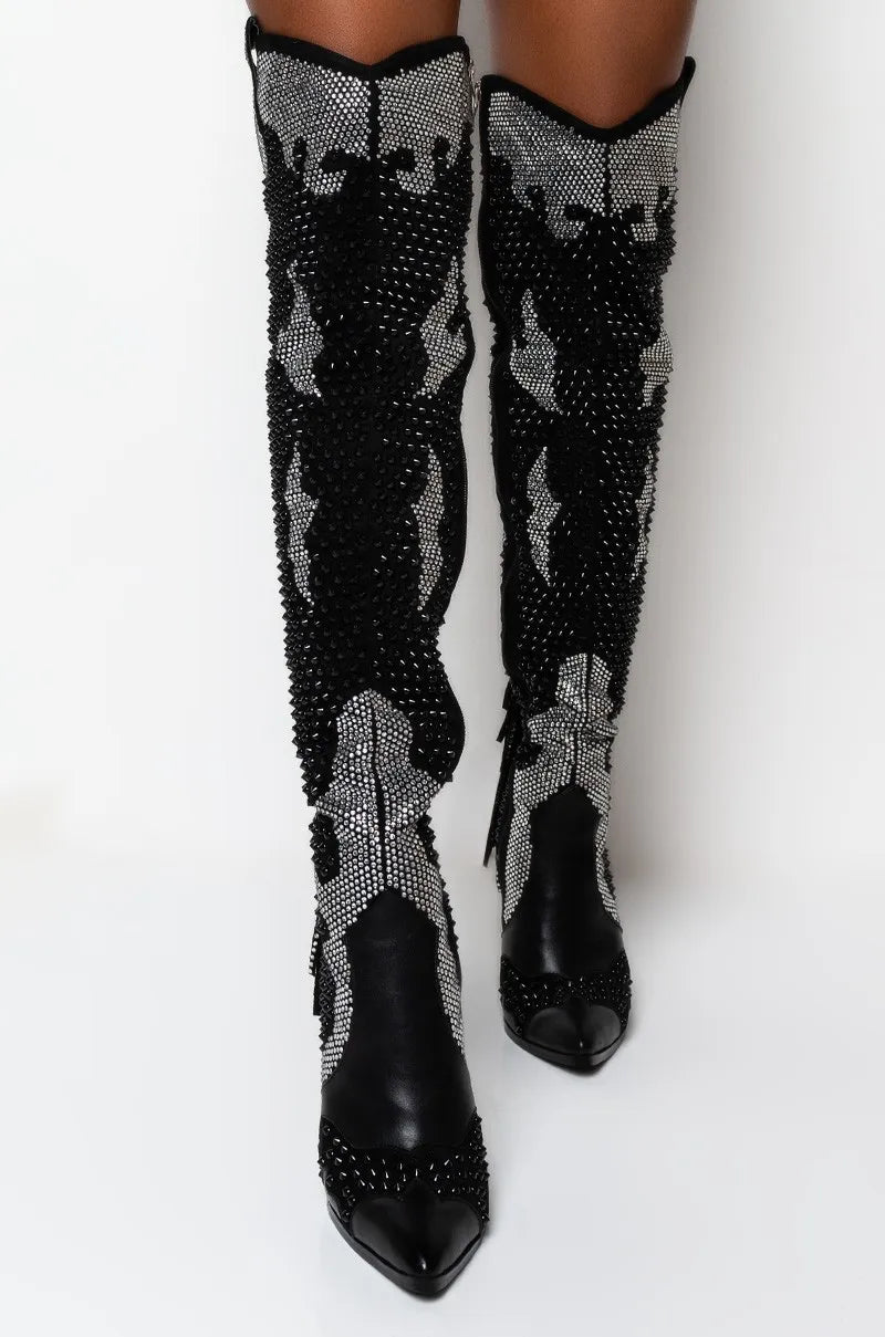 Embellished Rhinestone Over The Knee Boots For Women
