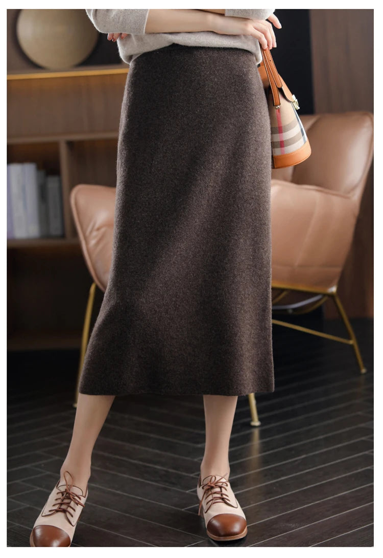 Pure Wool High Waist Knit A-Line Midi Skirt for Women
