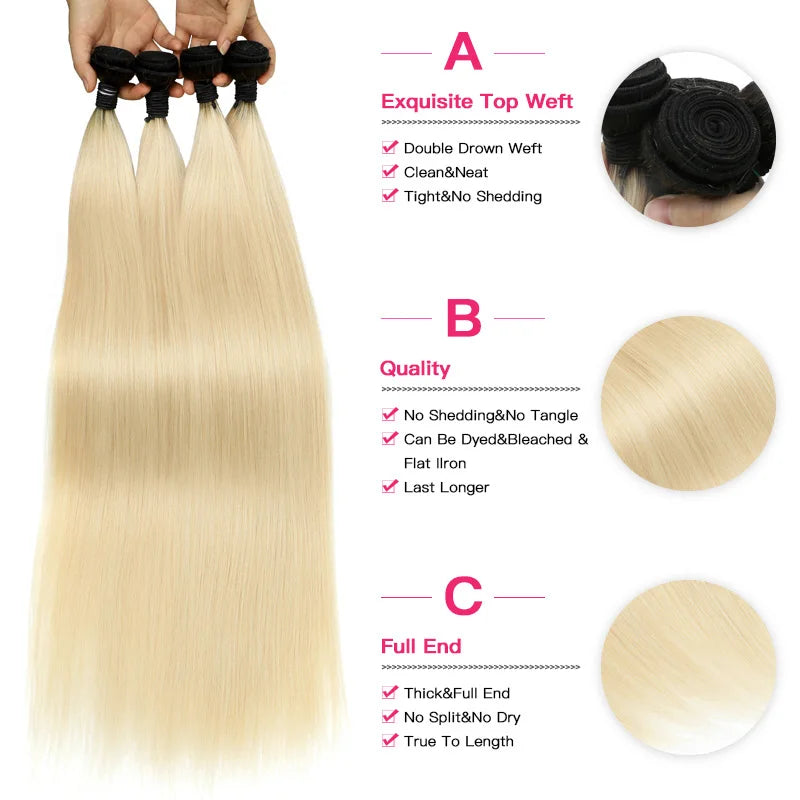 Dark Root Blonde Ombre Straight Hair Bundles With Lace Frontal For Women