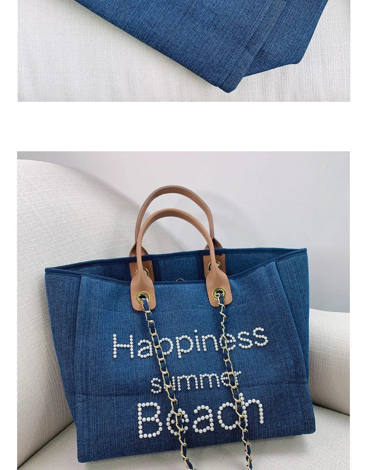 New Women Tote Bag Fashion Canvas Large Handbag Chains Genuine Leather Shoulder Bags Ladies Big Messenger Bag Shopping Bag