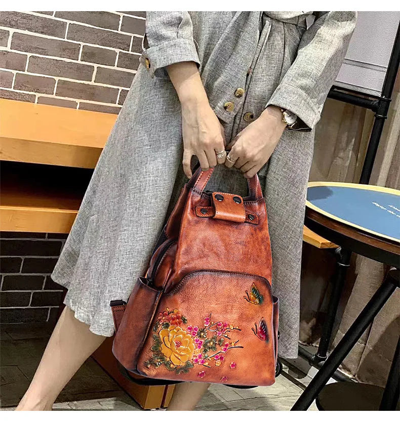 Genuine Leather Embossed Vintage Shoulder Bag for Women