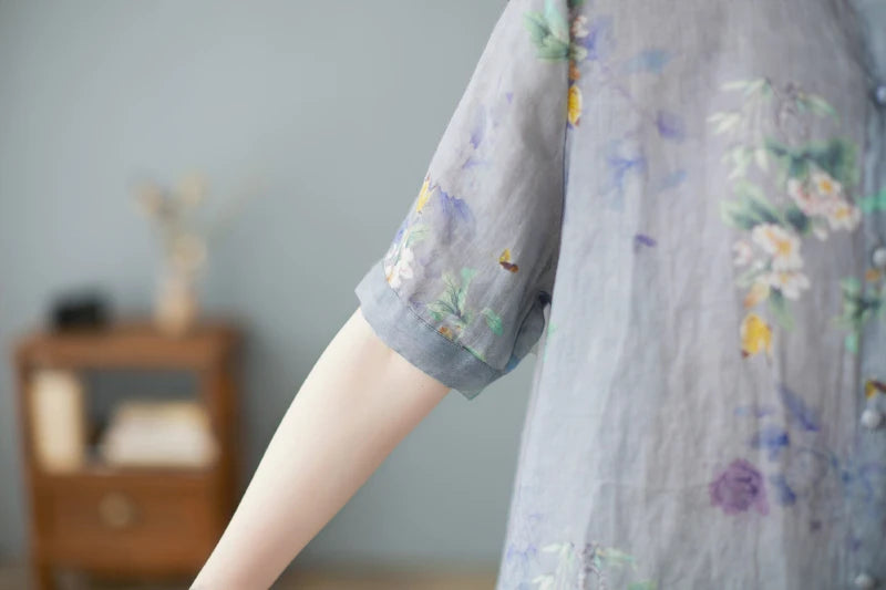 Relaxed Fit Floral Print Cotton Linen Short Sleeve Shirt for Women