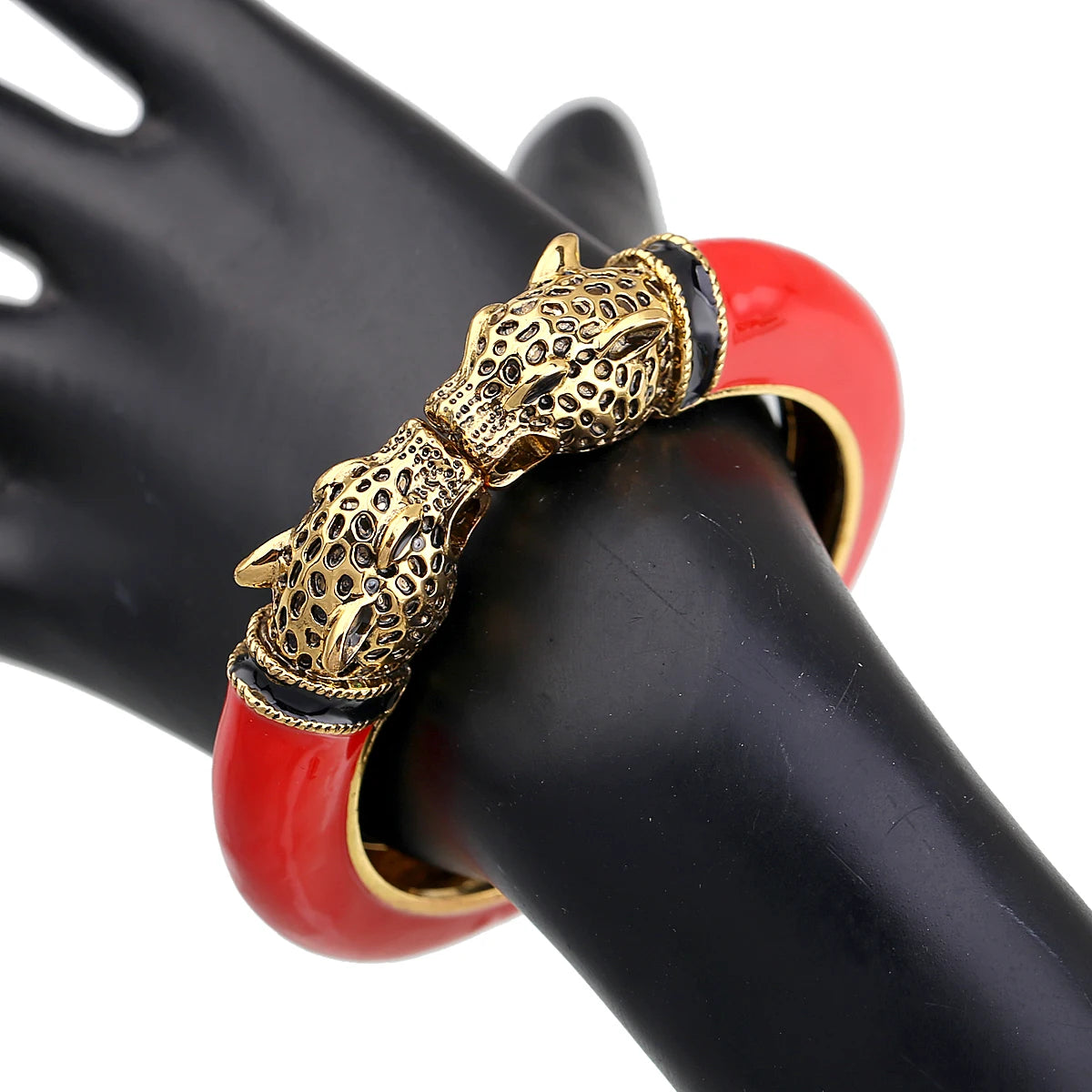 Double Leopard Head Enamel Cuff Bracelet for Women