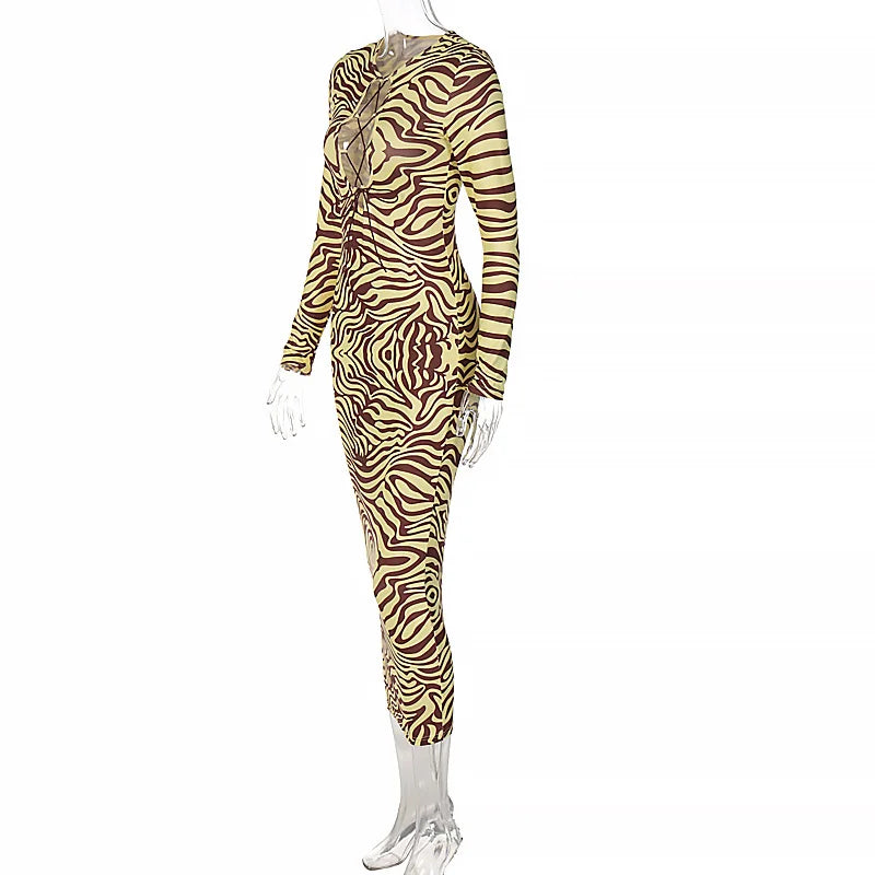 Zebra Print Hollow Out Bodycon Midi Dress for Women