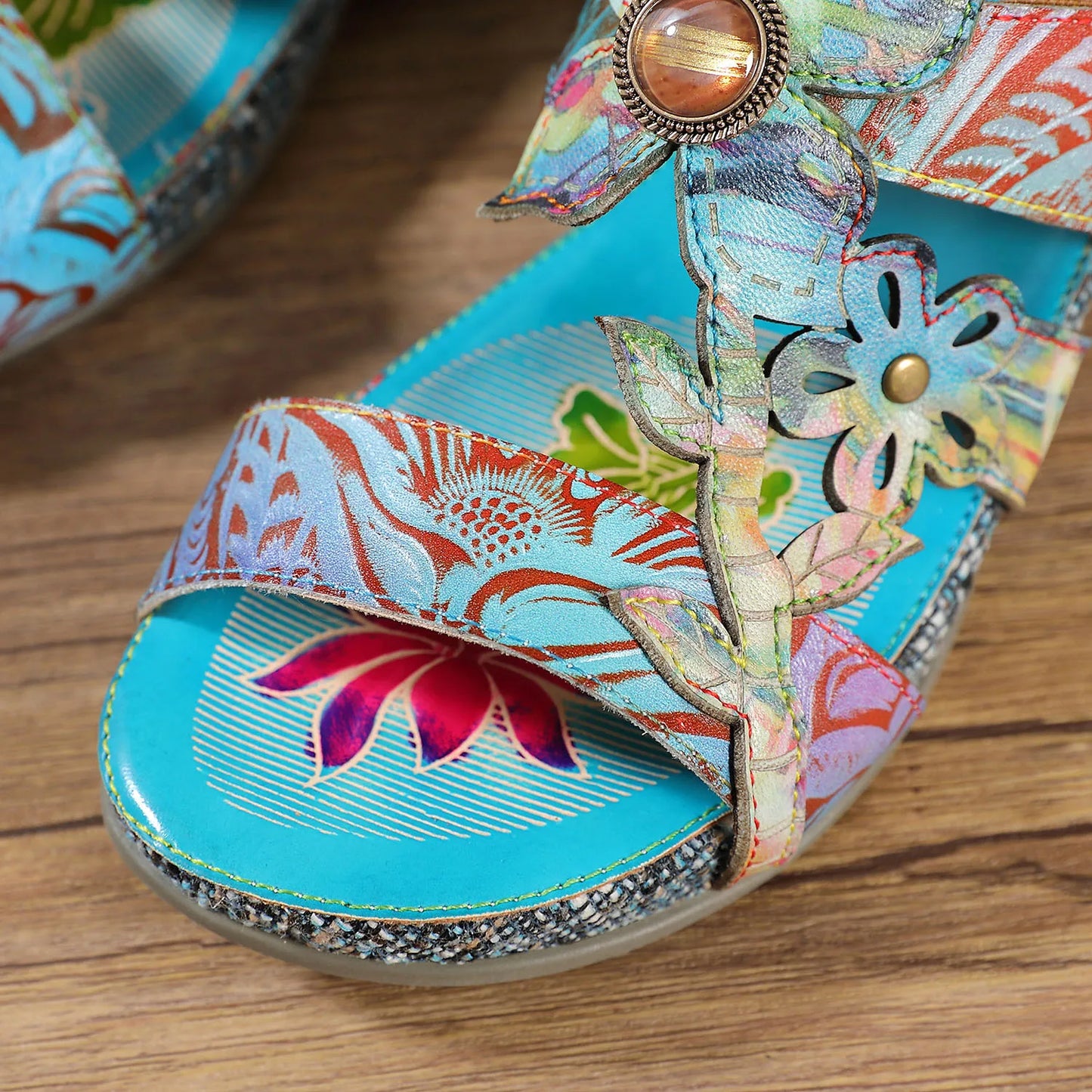 Hand Painted Genuine Leather Outdoor Summer Slides for Women