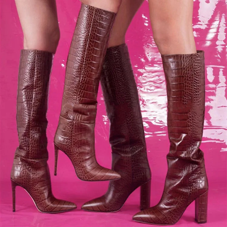 Pointed Toe Slip On Leather Knee High Boots for Women